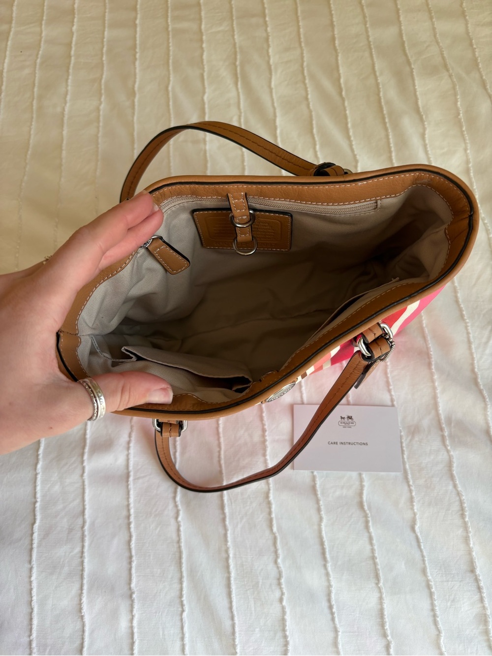 Coach Striped Tote in Pink, Orange & Cream with Tan Trim - Picture 2 of 2